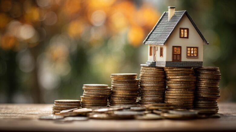 Miniature house sitting on stacks of coins, symbolizing homeownership costs and the financial impact of overbuying