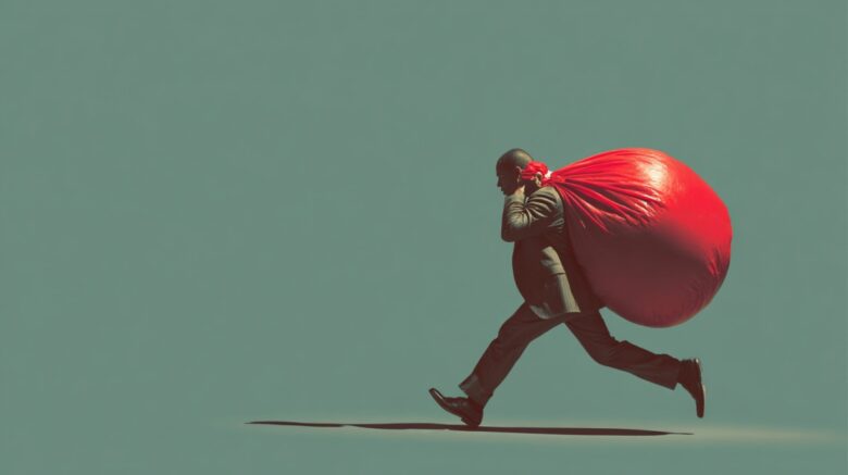 Person in a business suit carrying a large heavy red sack, symbolizing the burden of high-interest debt
