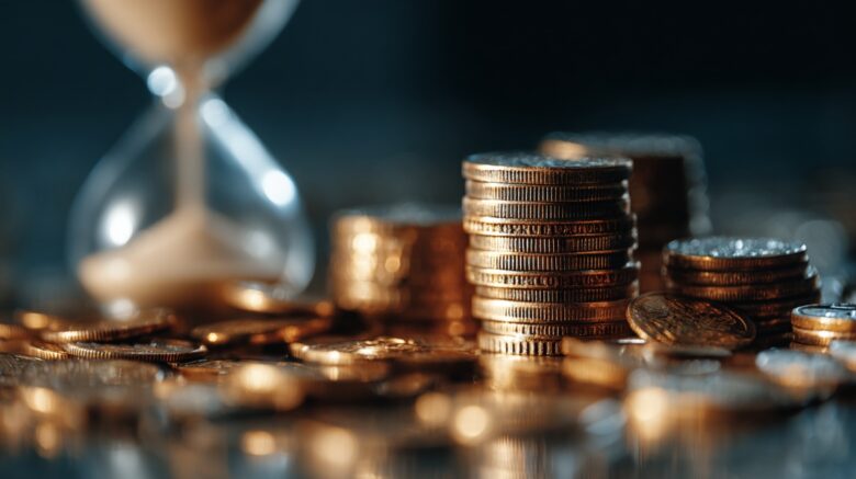 Stacks of coins with an hourglass in the background, symbolizing time, investing, and the power of long-term growth