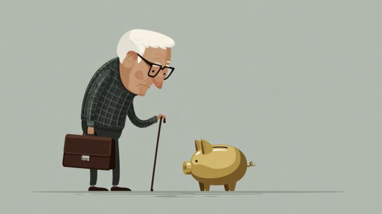 Illustration of an elderly person with a cane and briefcase looking at a piggy bank, symbolizing retirement savings and financial preparedness
