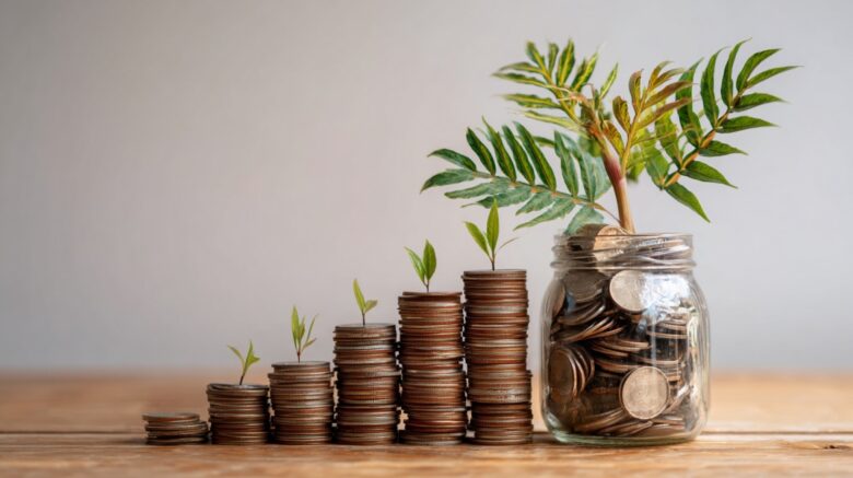 Stacks of coins growing beside a jar filled with coins and a plant, symbolizing savings growth and the financial impact of spending habits