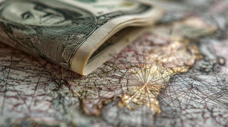 Rolled cash resting on a map, symbolizing money flow, spending patterns, and the importance of tracking finances