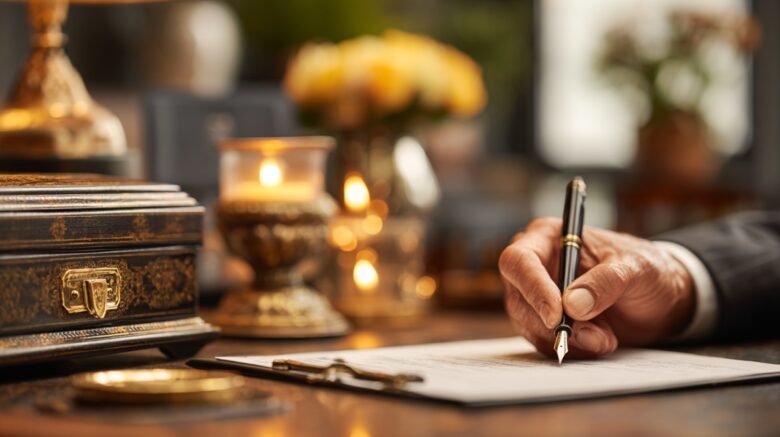 Money Mistakes People make: Person signing documents beside a decorative box, symbolizing wills, estate planning, and financial preparation for the future