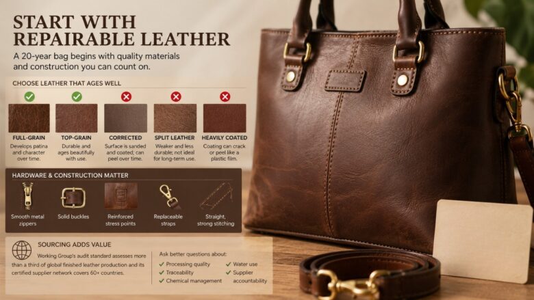 An infographic shows a brown leather bag with leather type and hardware care tips