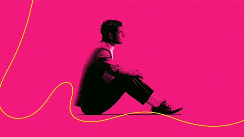 Illustration of a seated professional on a bright pink background, symbolizing difficult career and caregiving decisions