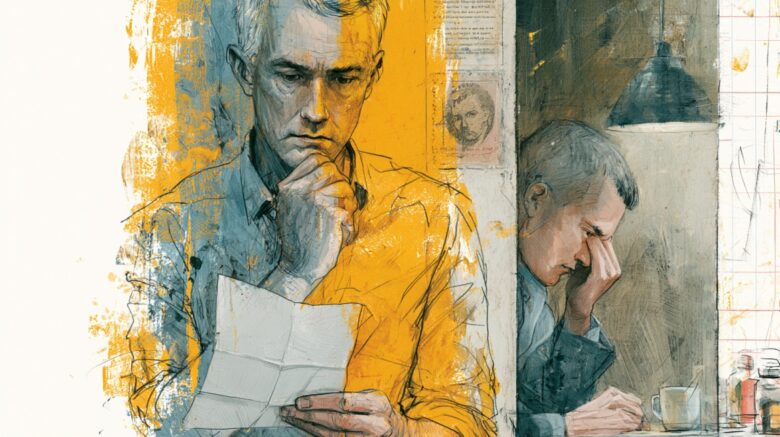 Illustration of a worried man reading papers beside another distressed figure, symbolizing the emotional burden of caregiving and financial stress