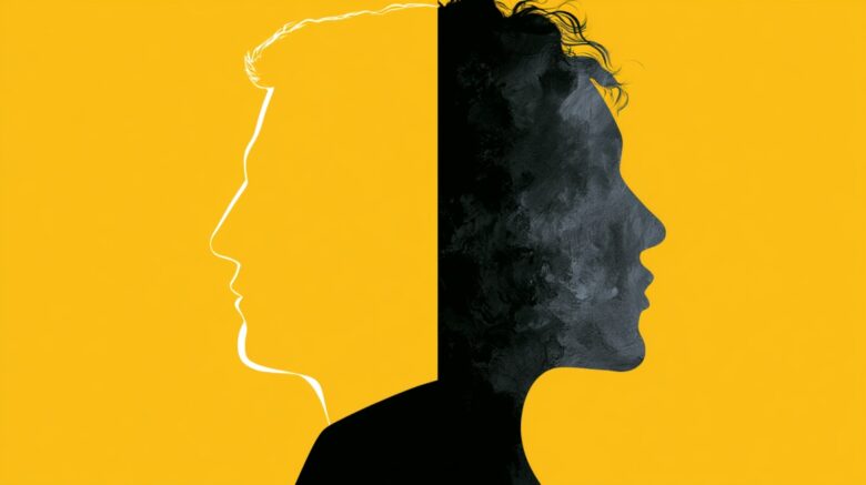 Illustration of two contrasting face silhouettes representing identity changes after stepping away from work