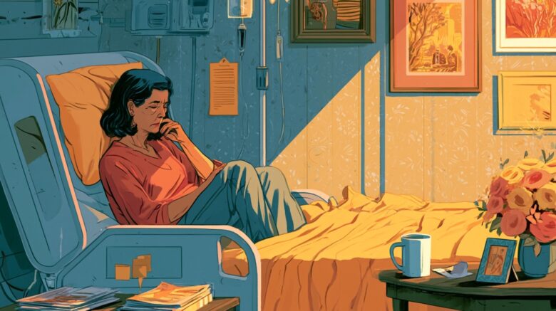 Illustration of a woman sitting beside a hospital bed, reflecting on the financial and emotional impact of caregiving
