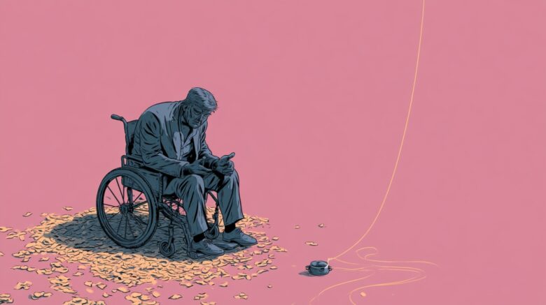 Illustration of a person in a wheelchair sitting alone against a pink background, symbolizing caregiving, disability, and unequal support