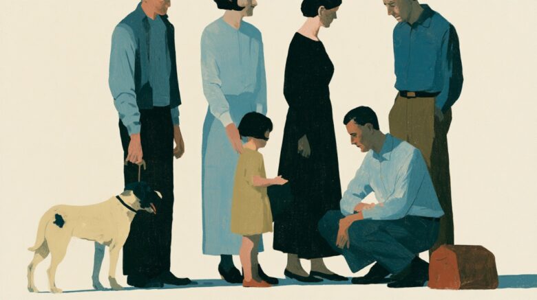 Illustration of a family gathered around a young child, symbolizing caregiving responsibilities and career choices