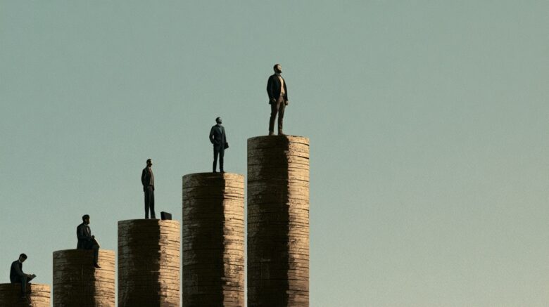 Professionals standing on rising stacks of coins representing career and salary growth.