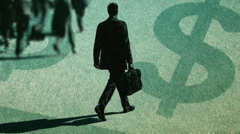 Business professional walking with a briefcase beside a large dollar symbol.