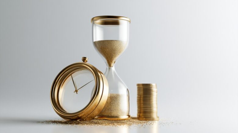 Hourglass, clock, and stacked coins representing time and opportunity cost.