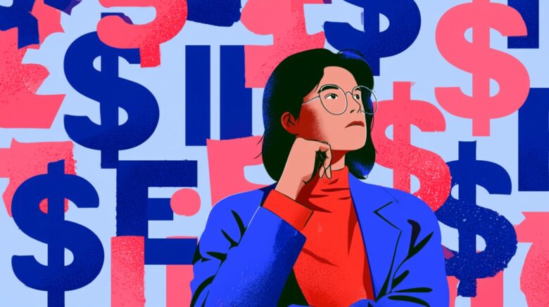 Illustration of a professional surrounded by dollar symbols representing finance careers.
