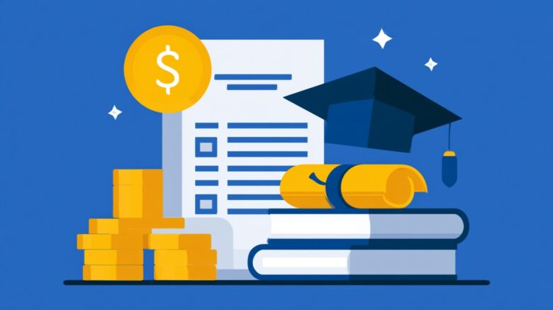 Illustration of finance education costs with books, diploma, coins, and graduation cap.