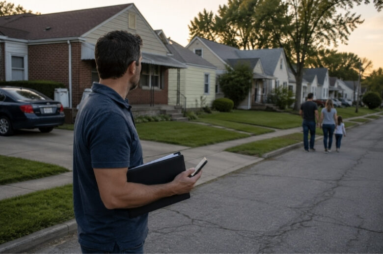 Real estate investor evaluating homes and neighborhood conditions before purchasing a property to flip.