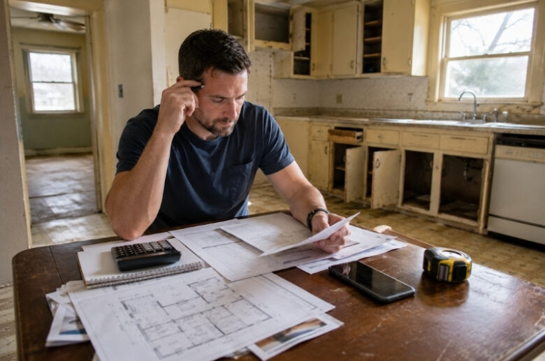 Real estate investor reviewing renovation costs and property plans inside a dated kitchen before purchase.