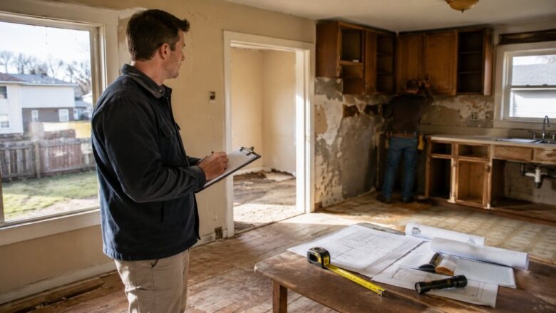 Real estate investor inspecting an older house before purchase while a contractor evaluates renovation work.