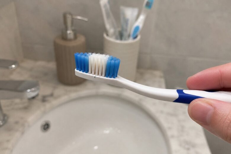 Soft toothbrush held above a bathroom sink.