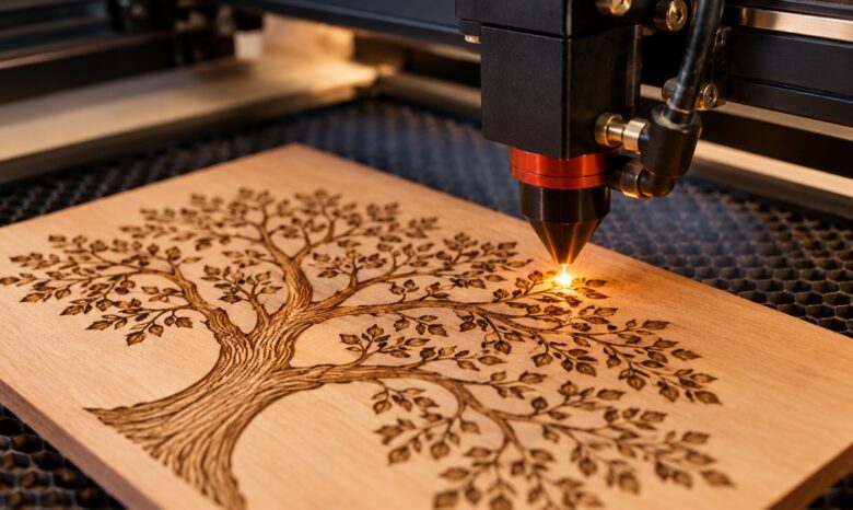 Close-up of a laser engraving machine etching an intricate tree design into a wooden panel on a honeycomb cutting bed
