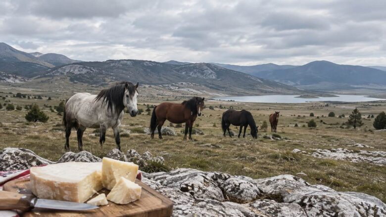 Free-roaming horses on a rocky mountain plateau near Livno, with traditional cheese in the foreground.