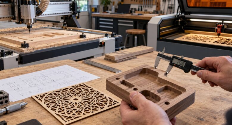 A person measuring a CNC-machined wooden component with digital calipers in a workshop, with a CNC router, laser cutter, and technical drawing in the background