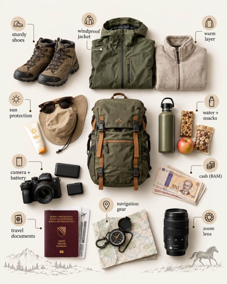 Livno travel packing infographic showing hiking boots, warm clothing, water, snacks, sun protection, camera equipment, cash and travel documents.