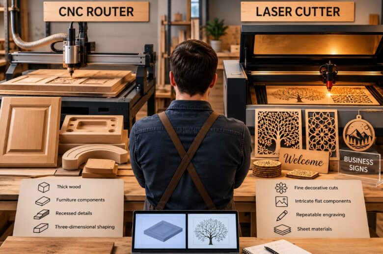 A man comparing a CNC router and a laser cutter in a woodworking workshop, surrounded by carved wooden components, decorative laser-cut designs, and a laptop displaying digital designs